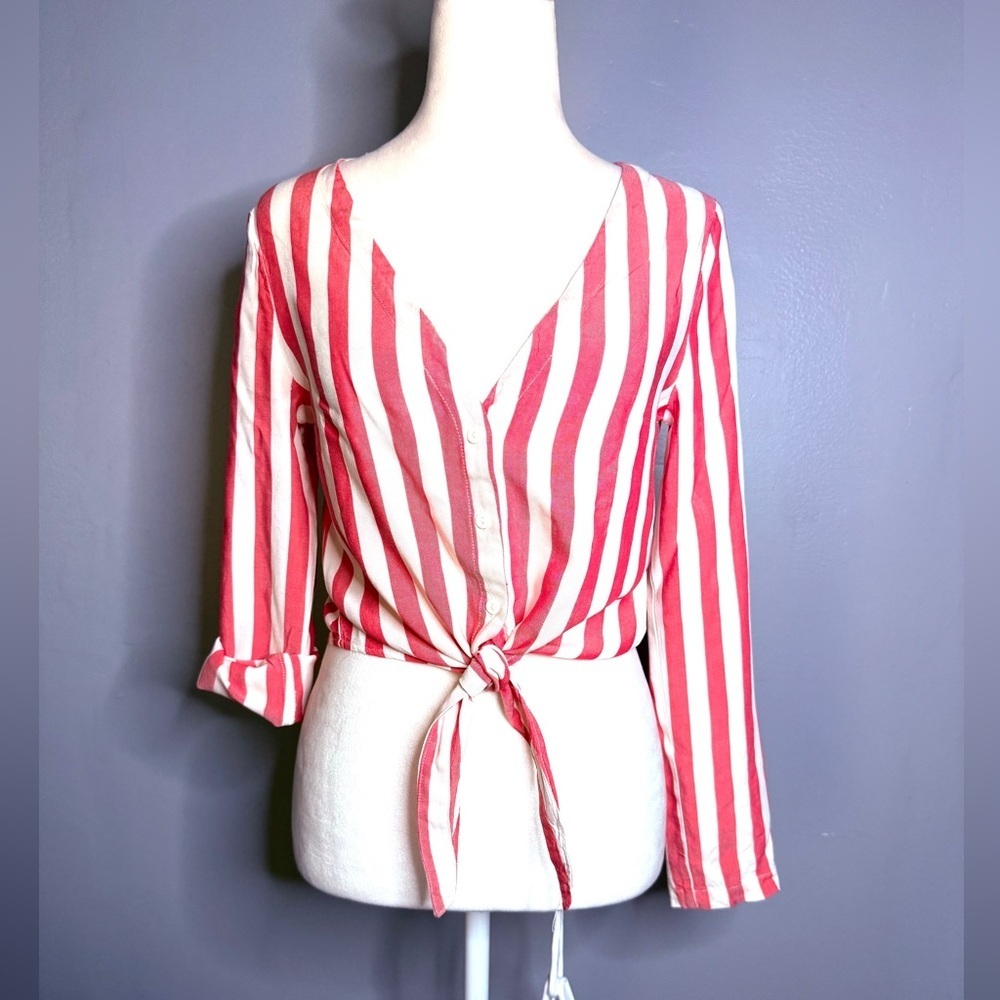 Divided Red and White Striped Button Down Shirt